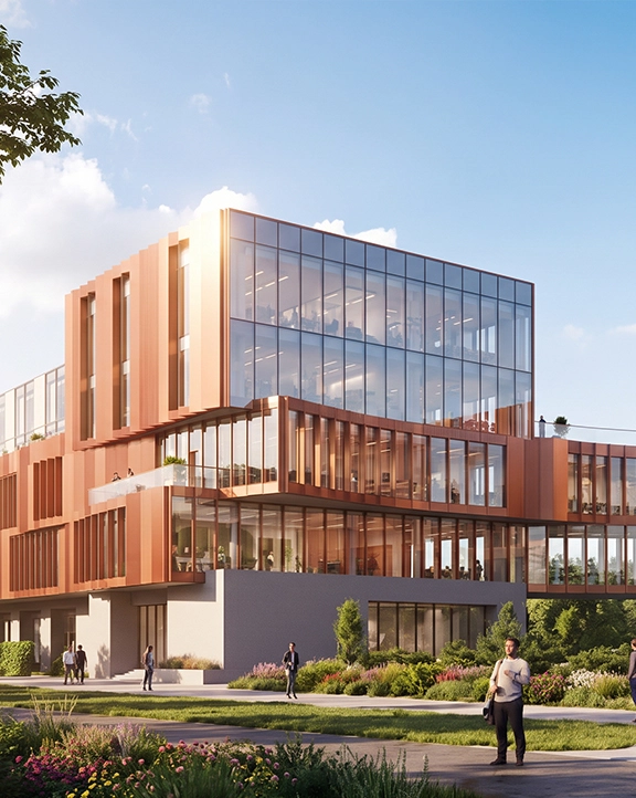 Contemporary multi‑level building with orange vertical panels, large glass windows and landscaped outdoor pathways.