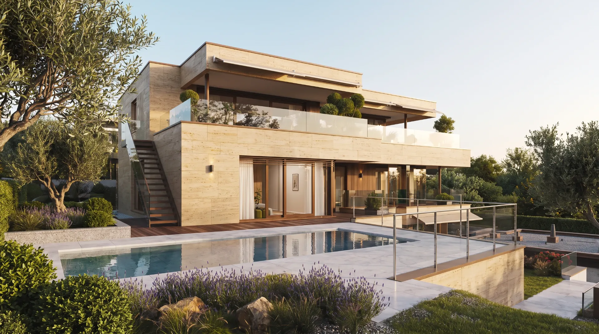 Contemporary house with glass railings, stone walls, wooden deck and Mediterranean garden with lavender and olive trees.