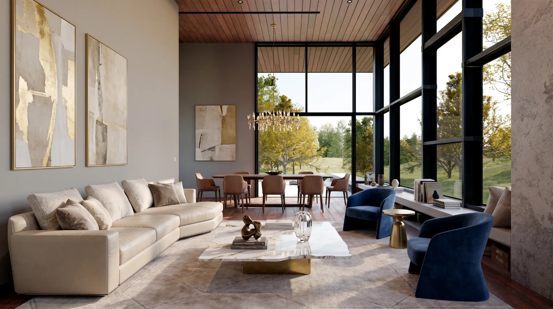 Luxury living and dining room with floor‑to‑ceiling windows, beige sofa, marble table and wooden ceiling.