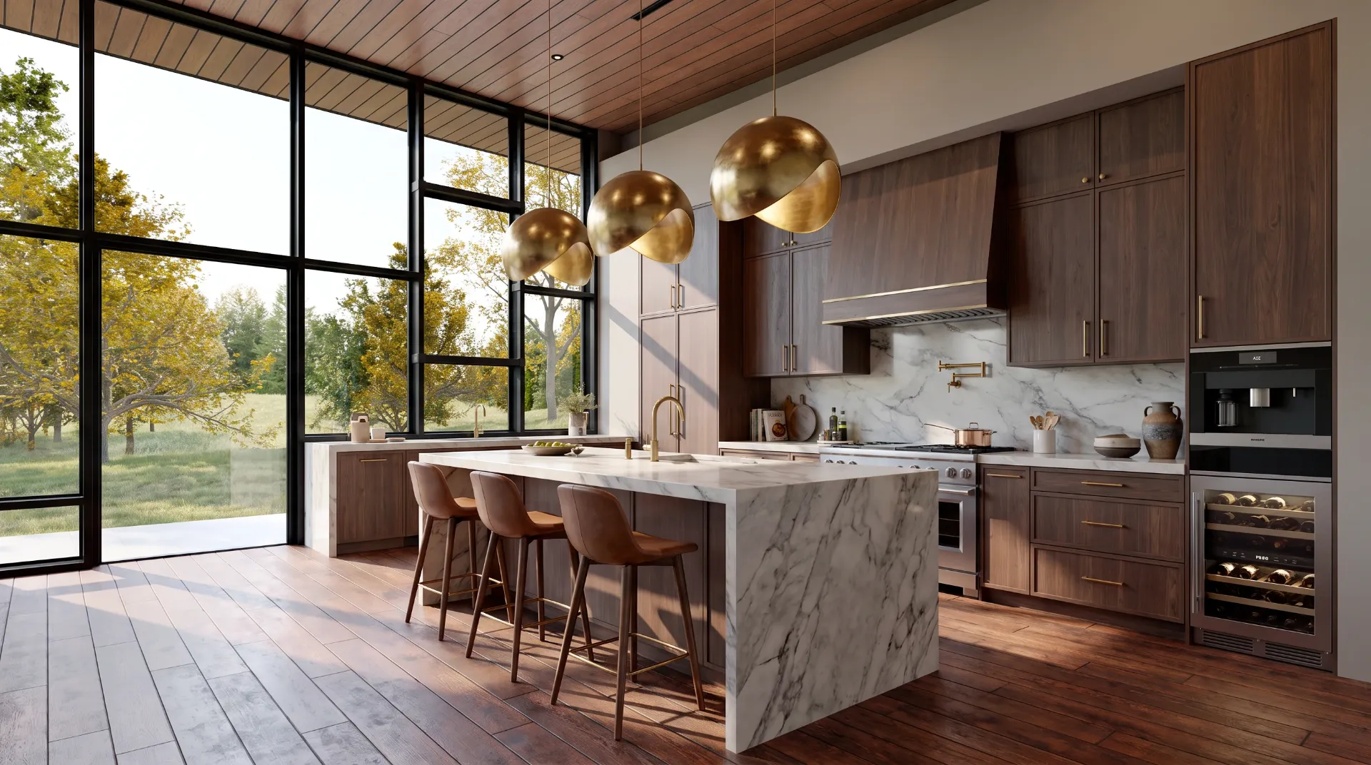 Modern kitchen with marble island, gold pendant lights, dark wood cabinets and large windows overlooking greenery.