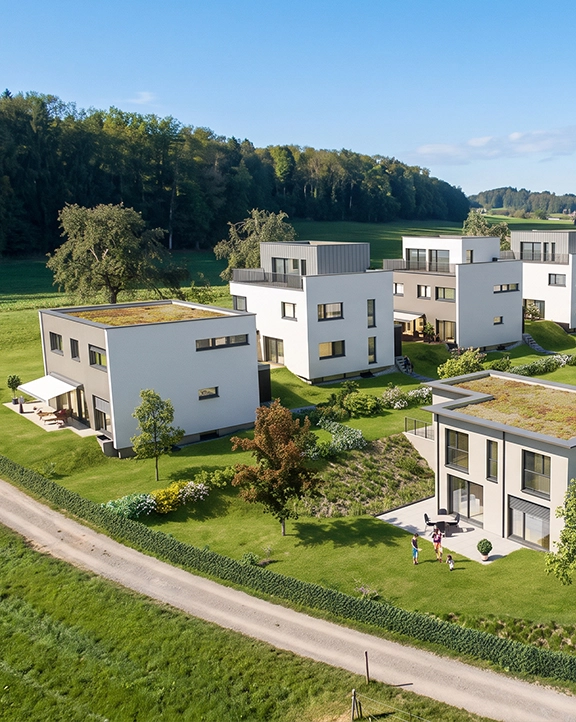 Modern residential neighborhood with flat‑roof houses, large windows, green rooftop vegetation and landscaped gardens surrounded by open fields and forest.