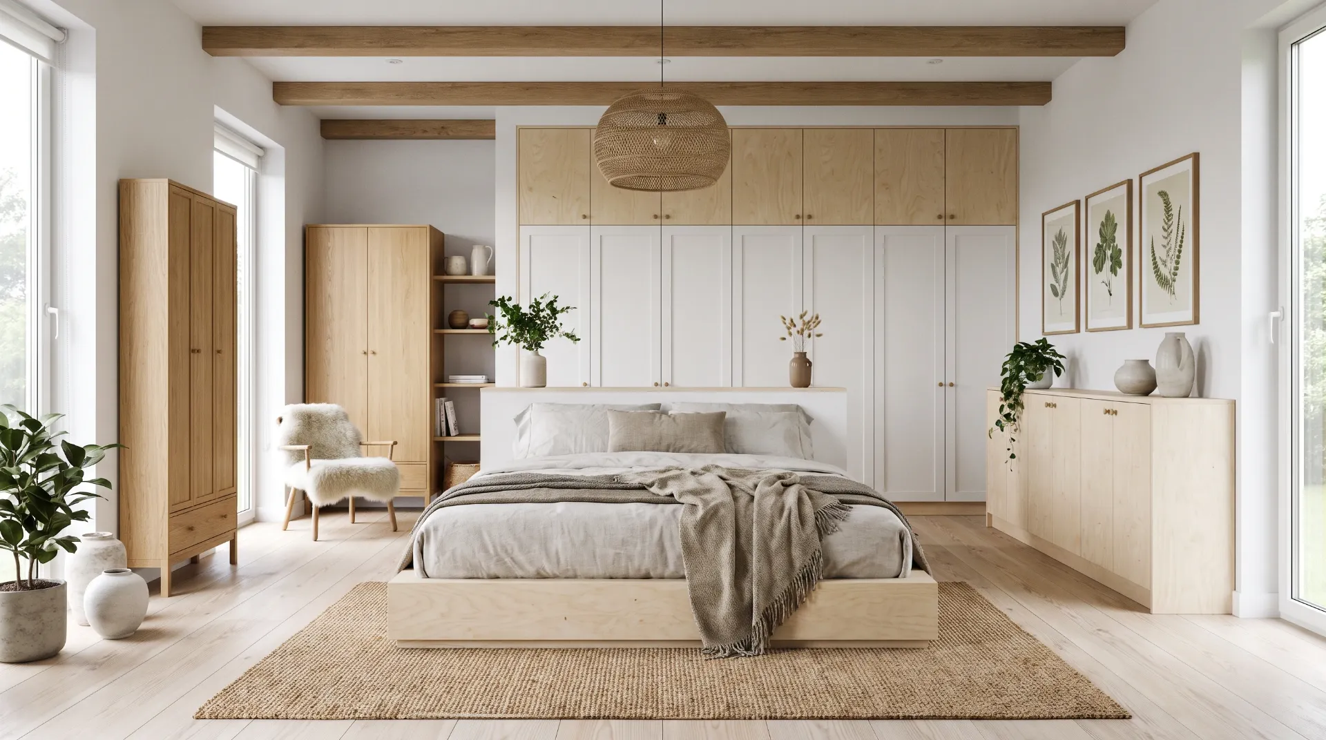 Scandinavian bedroom with light wood furniture, neutral bedding, built‑in wardrobes and large windows.